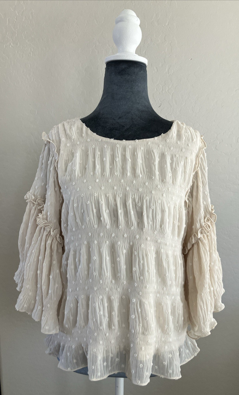 Revolve Line & Dot Top Flutter Sleeve Fairy Boho Lettuce Hem Pleated Ruffles XS
